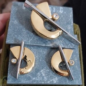 Vintage Christina C. Abstract Modernist Brooch Earring Set Silver/gold